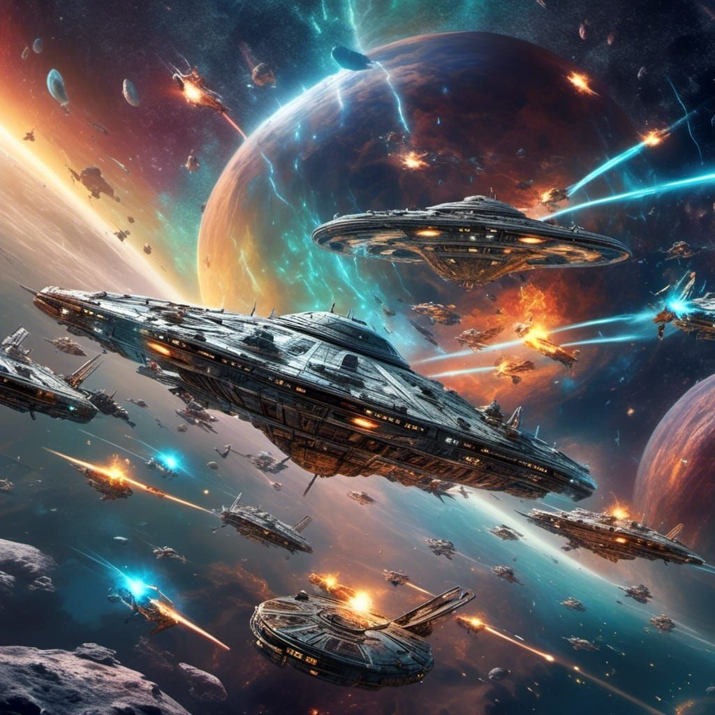 Chrome Saucer in Space Battle, Pablo Amaringo Style