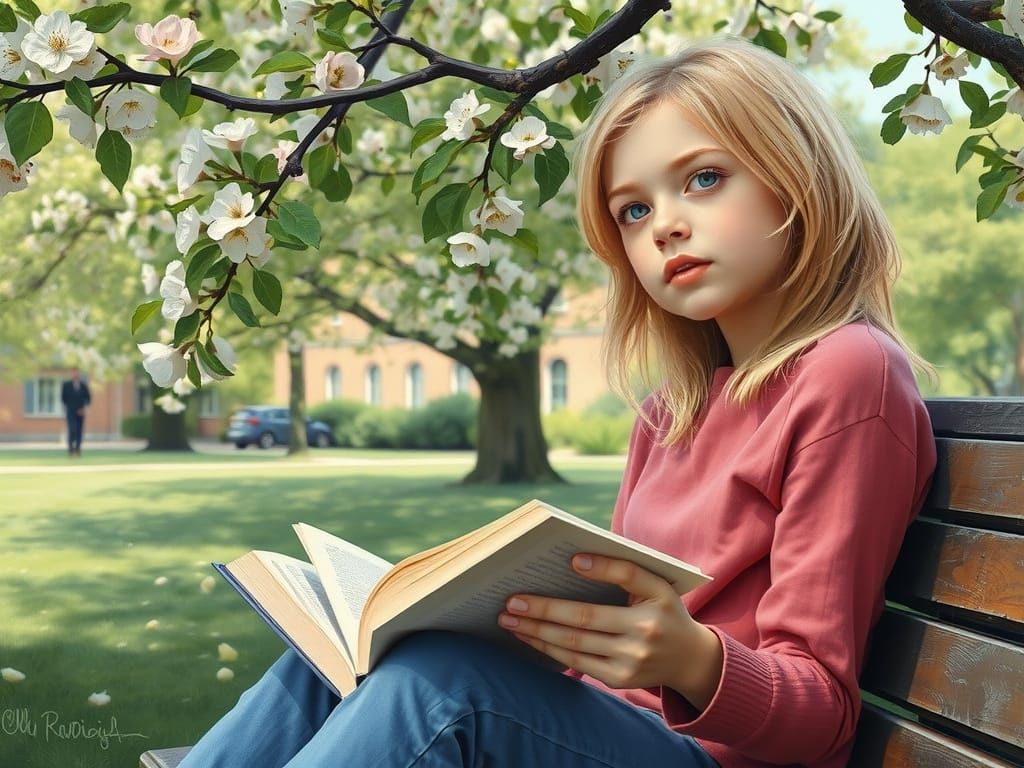 Girl Reading Book in Park, Acrylic Painting Style