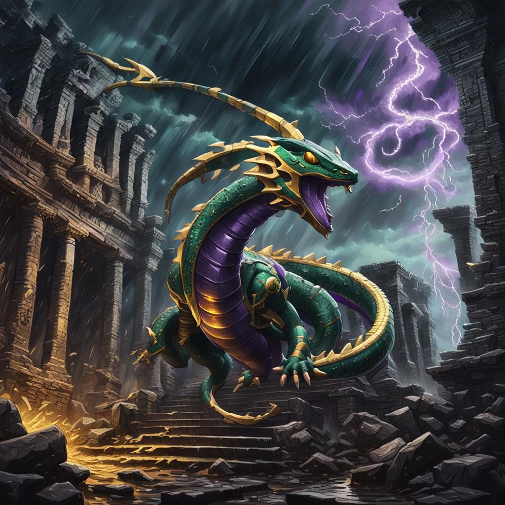 Rayquaza in a Stormy, Mystical Realm