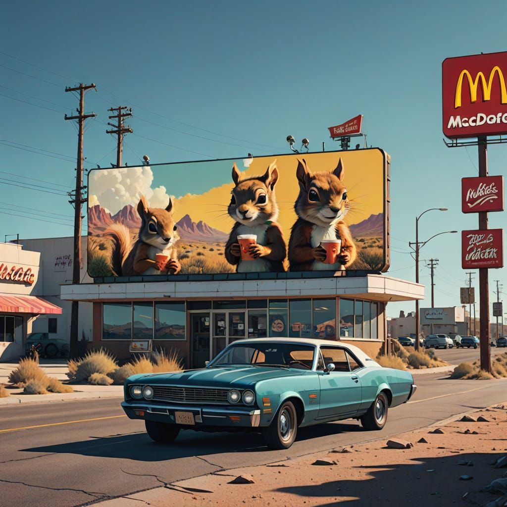 Retro Cartoon Squirrels Enjoy McDonald's on Route 66