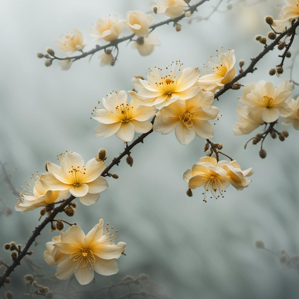Golden Ethereal Flowers in Luminous Mist