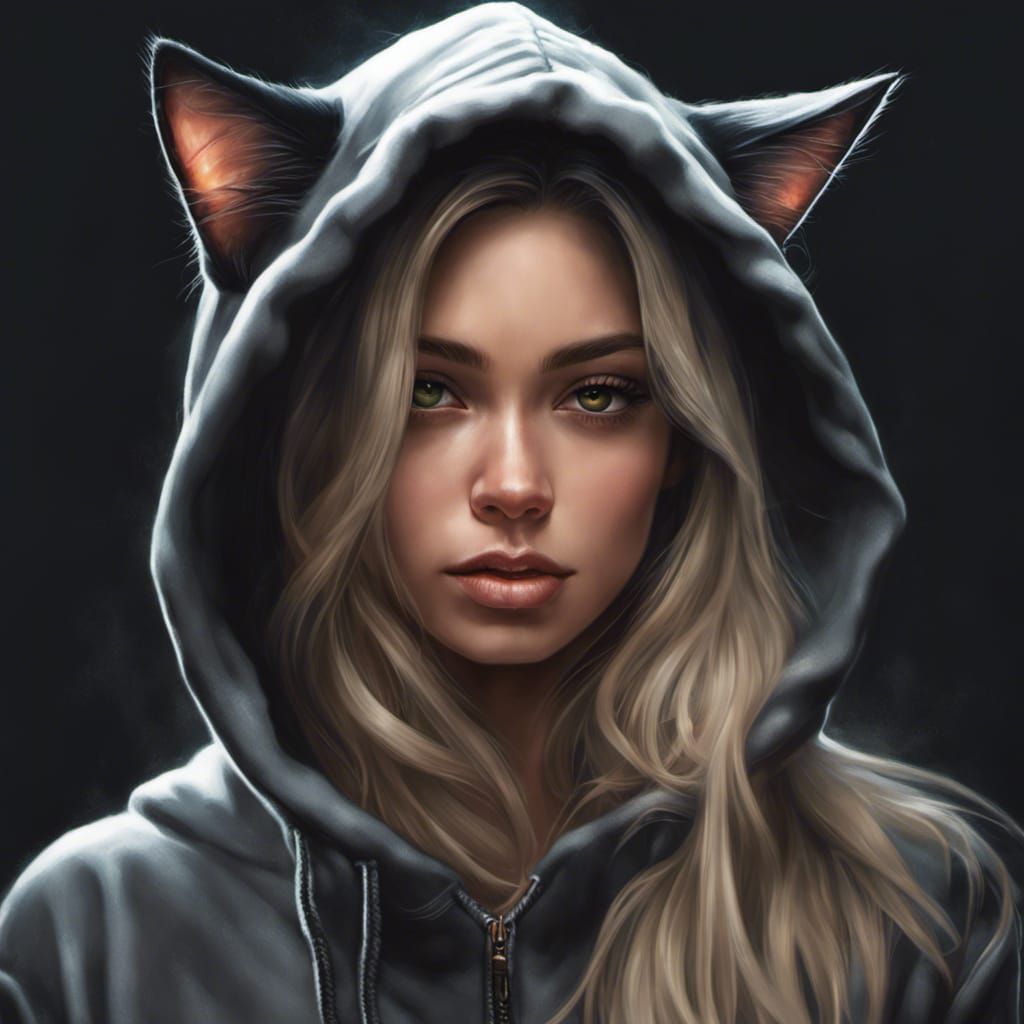 Jenna Ortega in Black Cat Hoodie: Hyper-Detailed Portrait