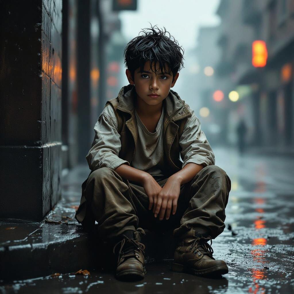 Noir Portrait of a Contemplative Biracial Boy