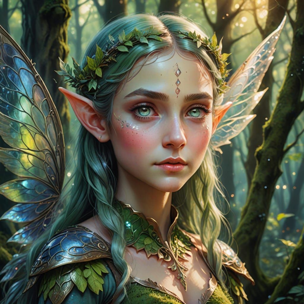 Whimsical Watercolor Elf Portrait in Iridescent Splendor