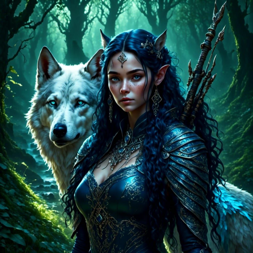 Ethereal Elven Huntress with Wolf, as Matte Painting