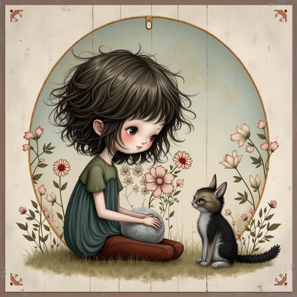 Delicate Floral Network on Wooden Sign in Whimsical Style