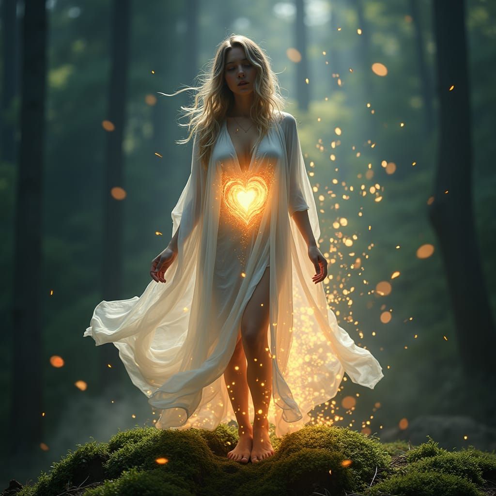 Divine Goddess Shines in Moonlit Forest Glade