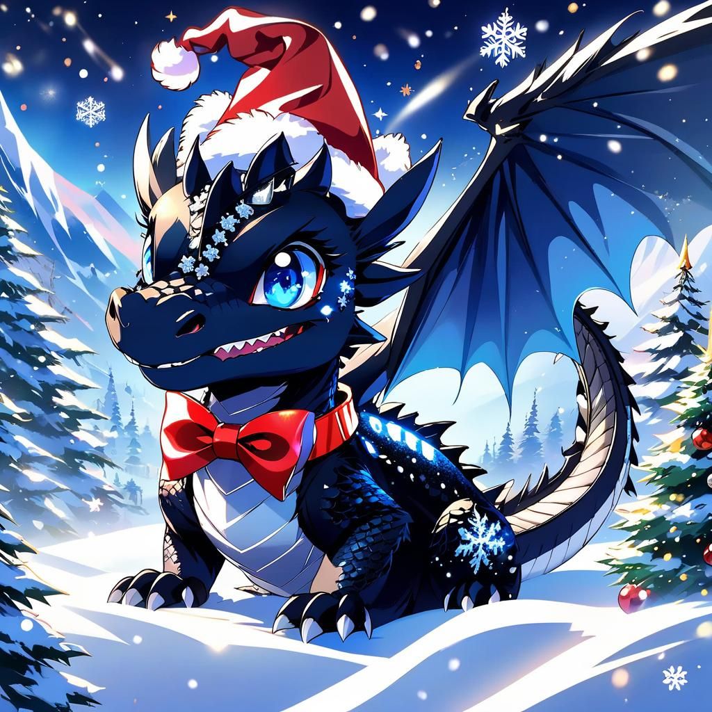 Baby Black Dragon in Snow, Anime Style