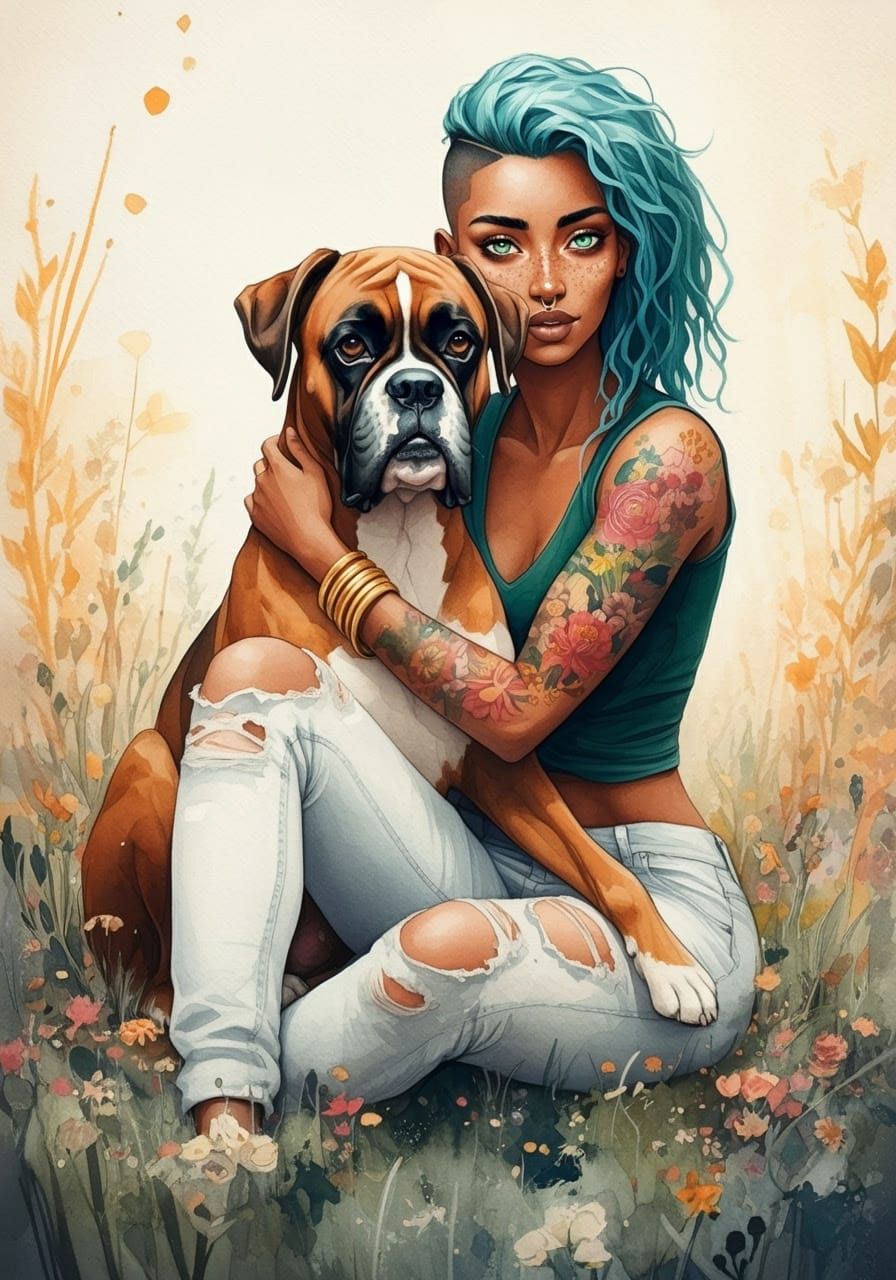 Surreal Watercolour Painting of Woman with Dog in Whimsical ...