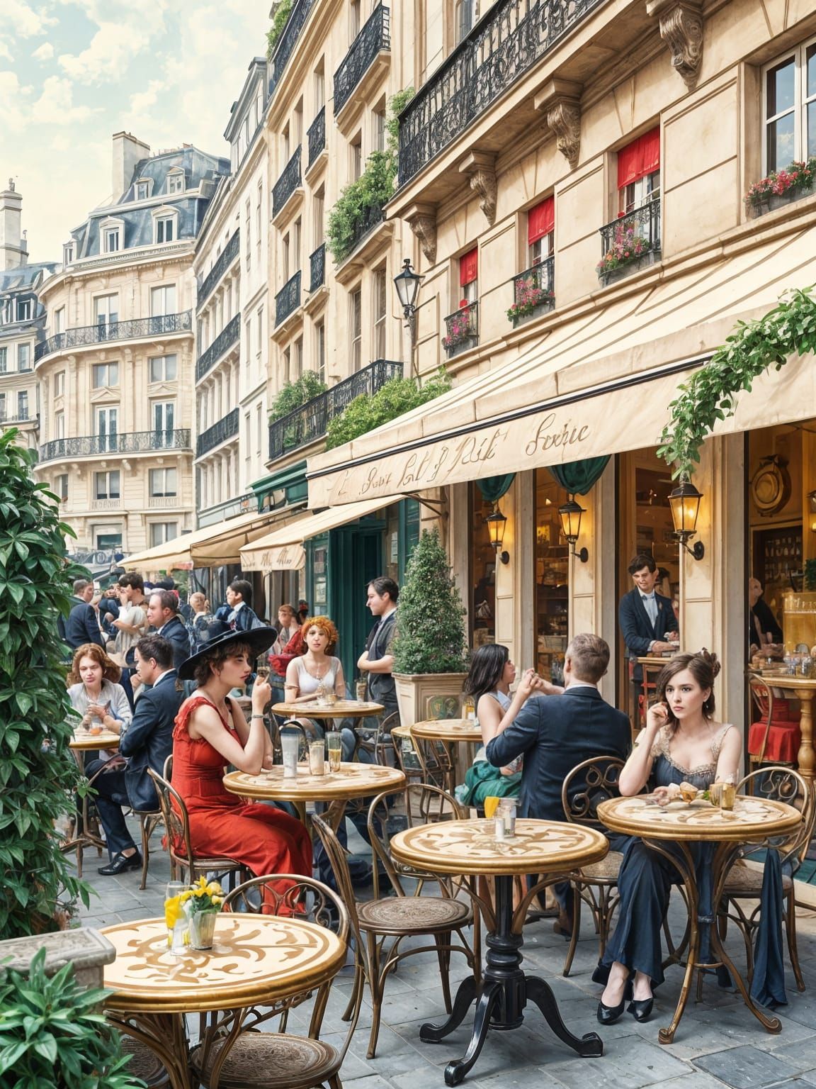 Belle Époque Parisian Café Scene in Whimsical Artistic Style