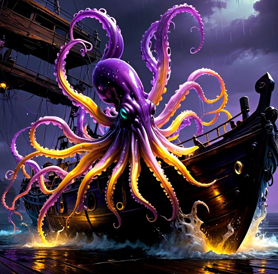 Squid Climbs Boat: Dark Fantasy Concept Art