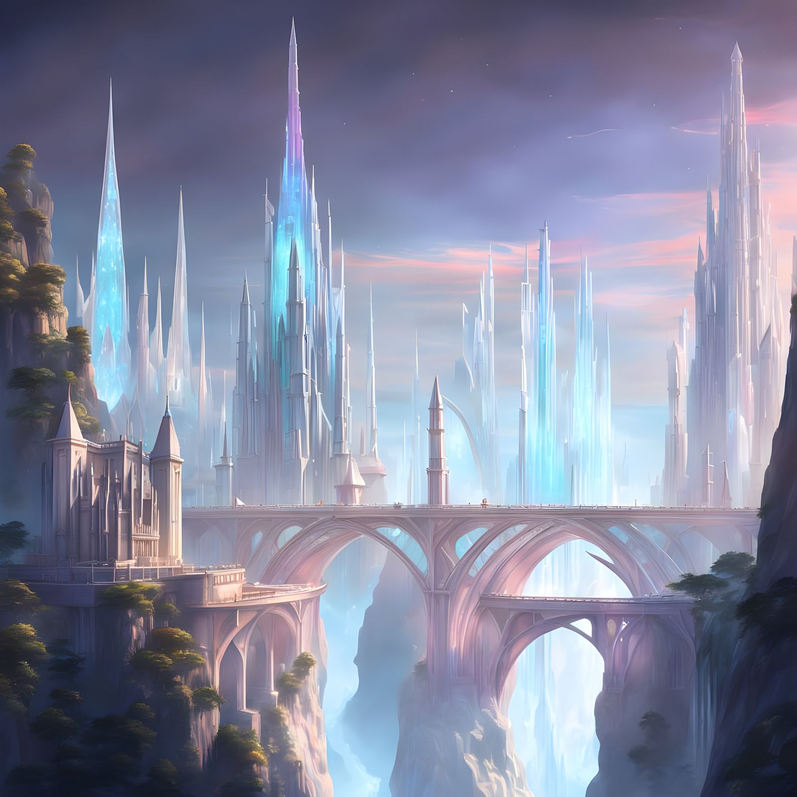 Ethereal Futuristic Elven Metropolis in Digital Painting Sty...