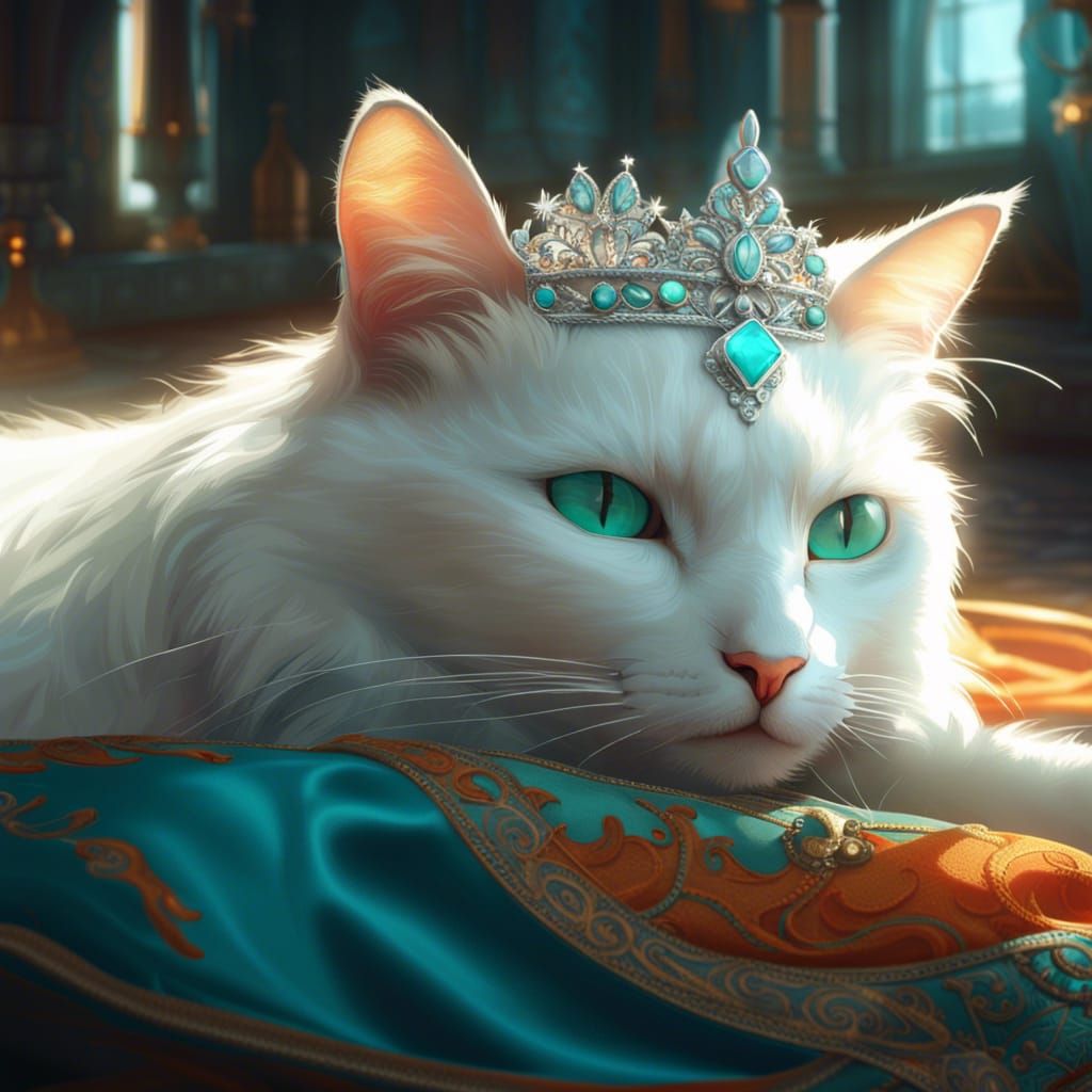 Pampered White Cat with Tiara: Digital Concept Art