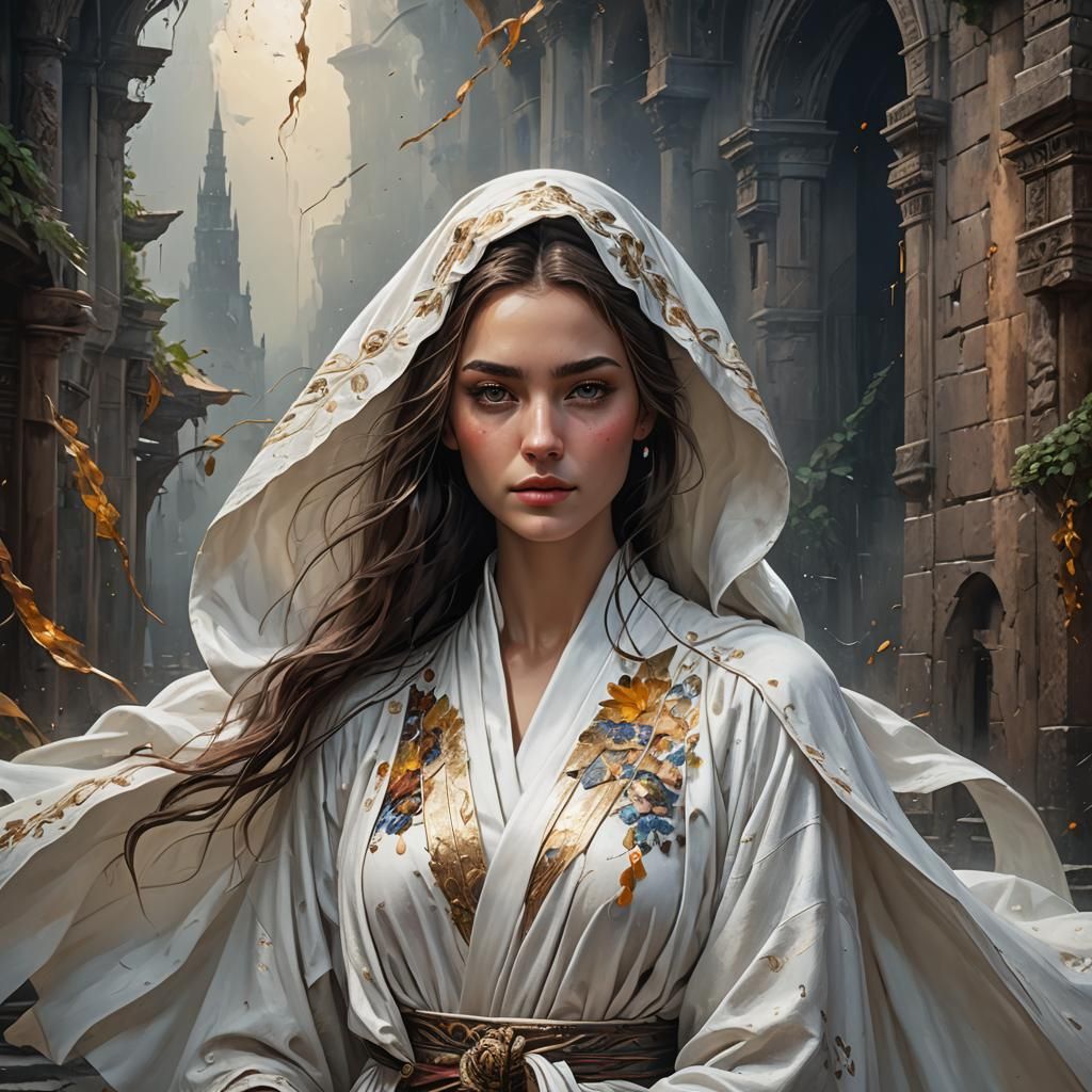 Beautiful Woman in White Robe: Hyper-Realistic Oil Painting