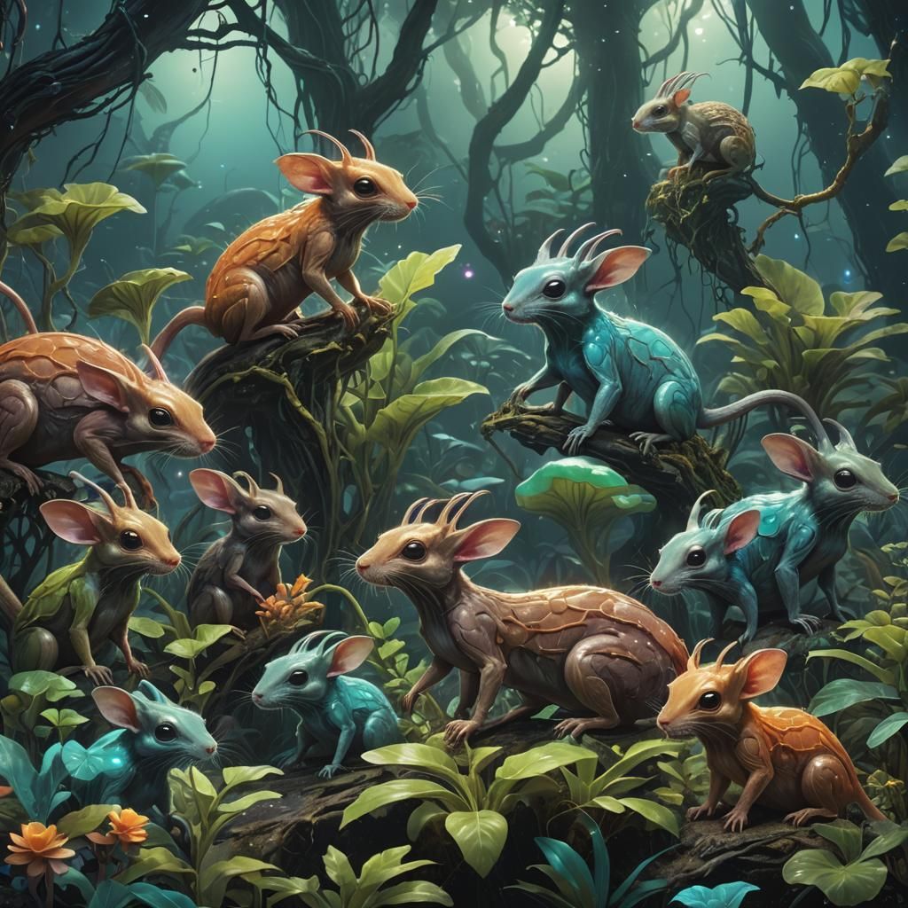 Alien Rodents Foraging in Bioluminescent Landscape