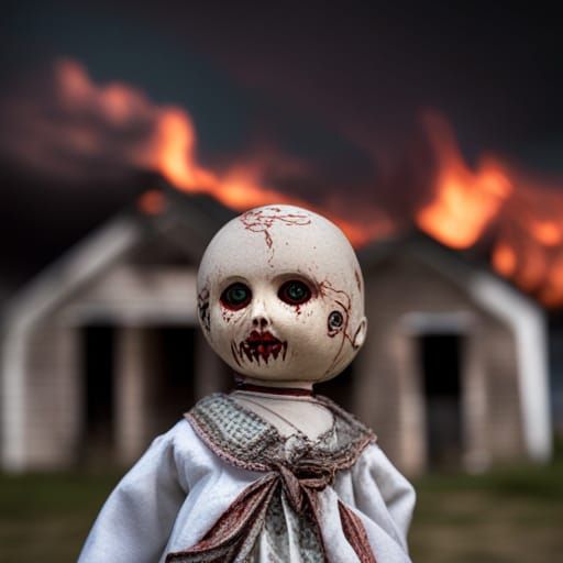 Hyperrealistic Creepy Doll Before Burning Farmhouse
