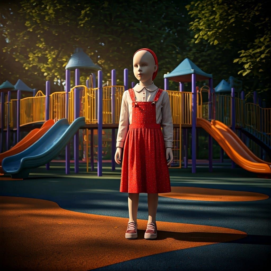 Unsettling Mannequins in a Playground, Hyperrealistic Style