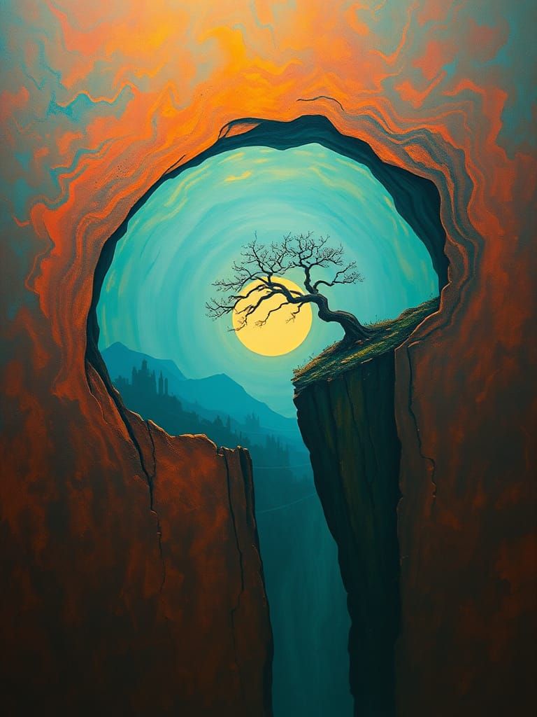 Ethereal Landscape with Abstract Void and Twisted Tree