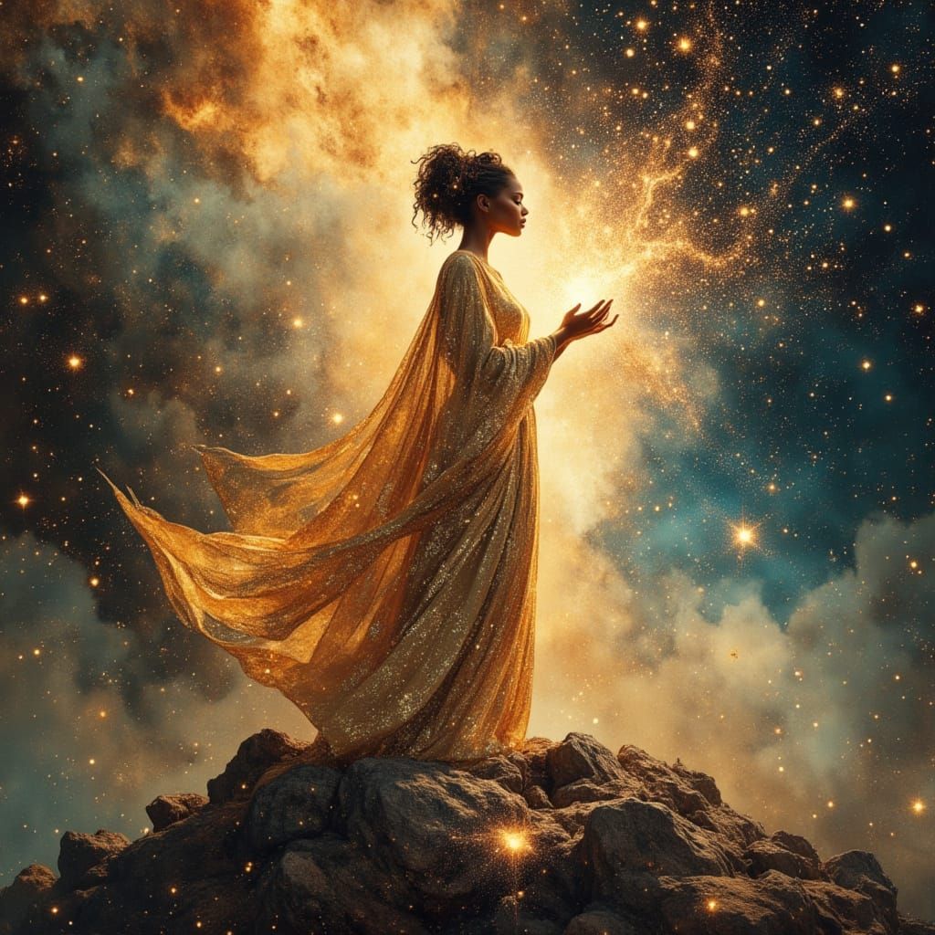 African Starlight Goddess in Cosmic Oil Painting Style
