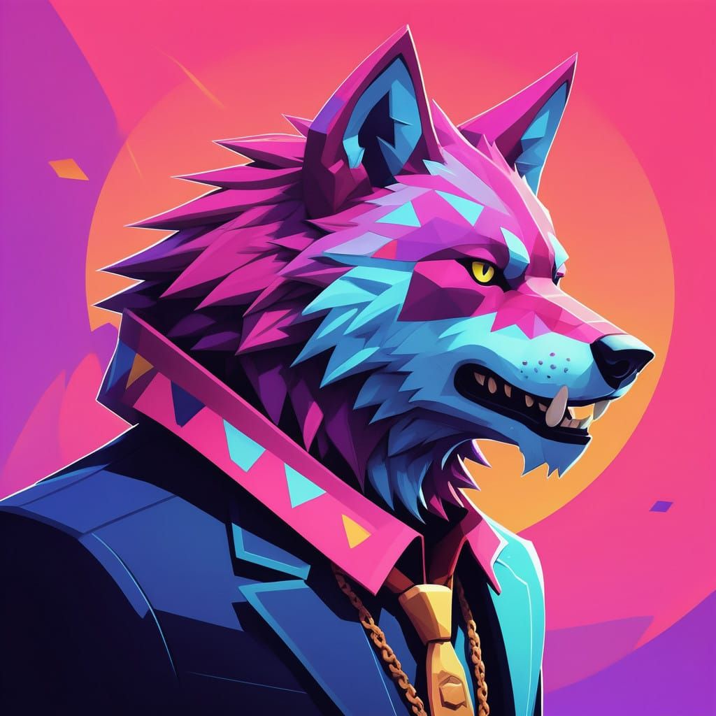 Vibrant Animal Jam Wolf with Bold Lines and Pixel Art Patter...