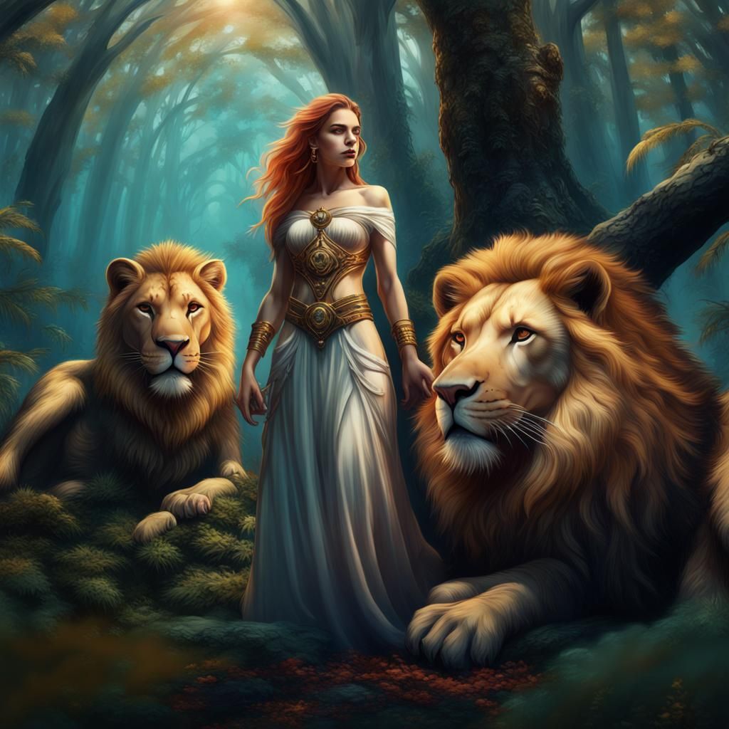 Leo Zodiac Woman with Lion, Fantasy Art