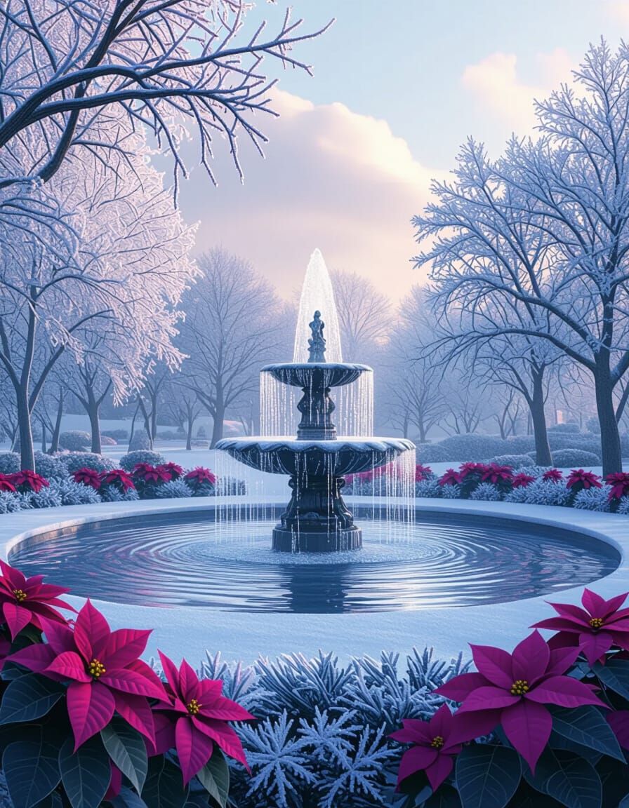 Frozen Park Fountain with Poinsettias in Cinematic Light