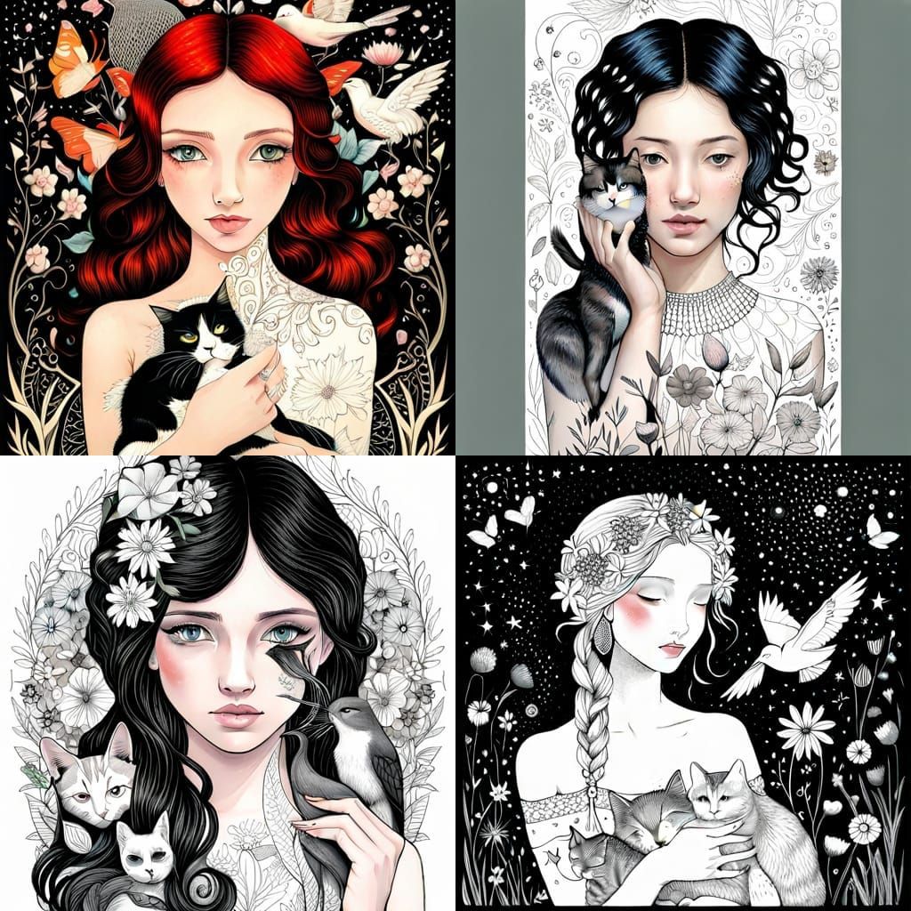 Girl with Animals in Fairytale Vector Line Art