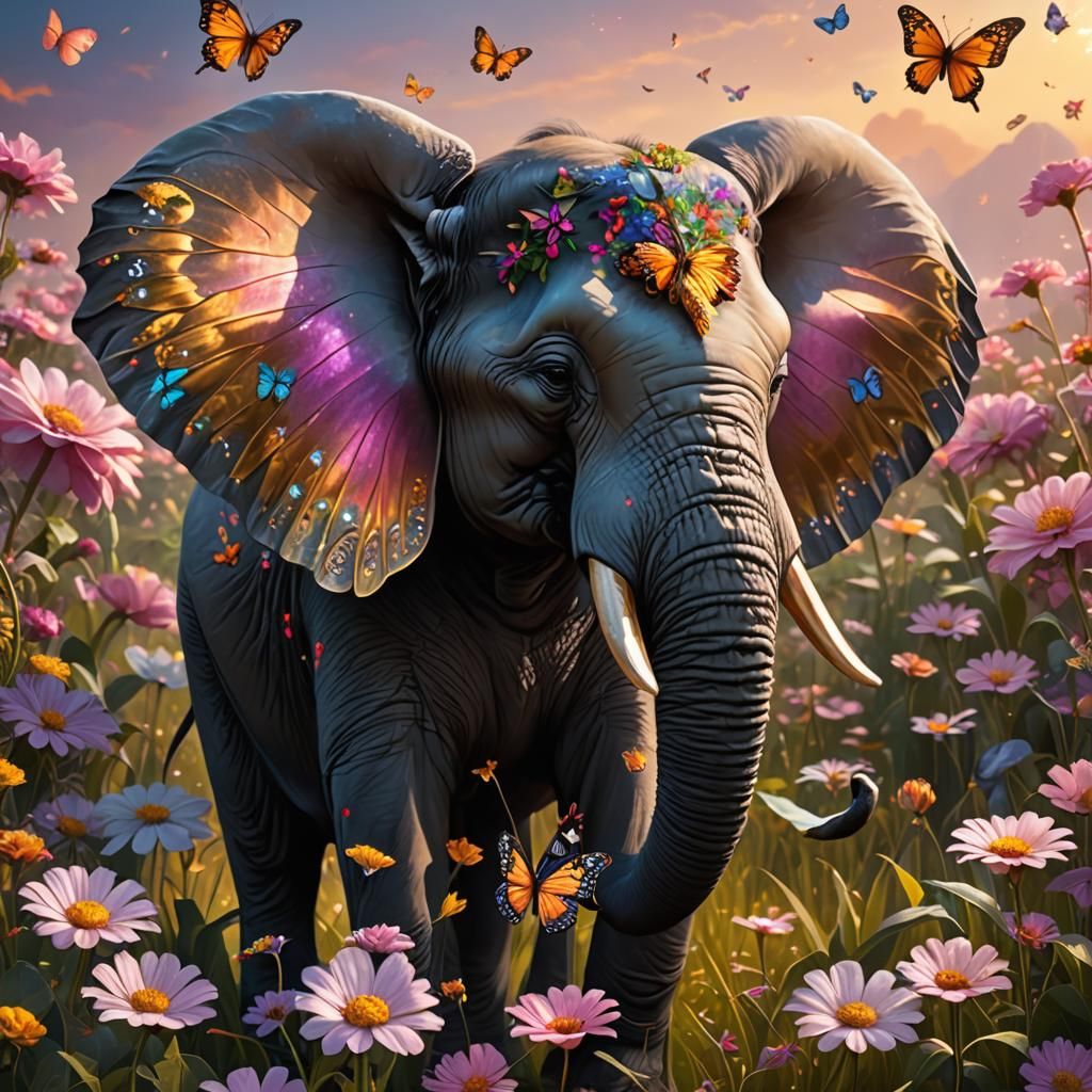 Elephant with Butterfly Wings in Dreamlike Flower Field