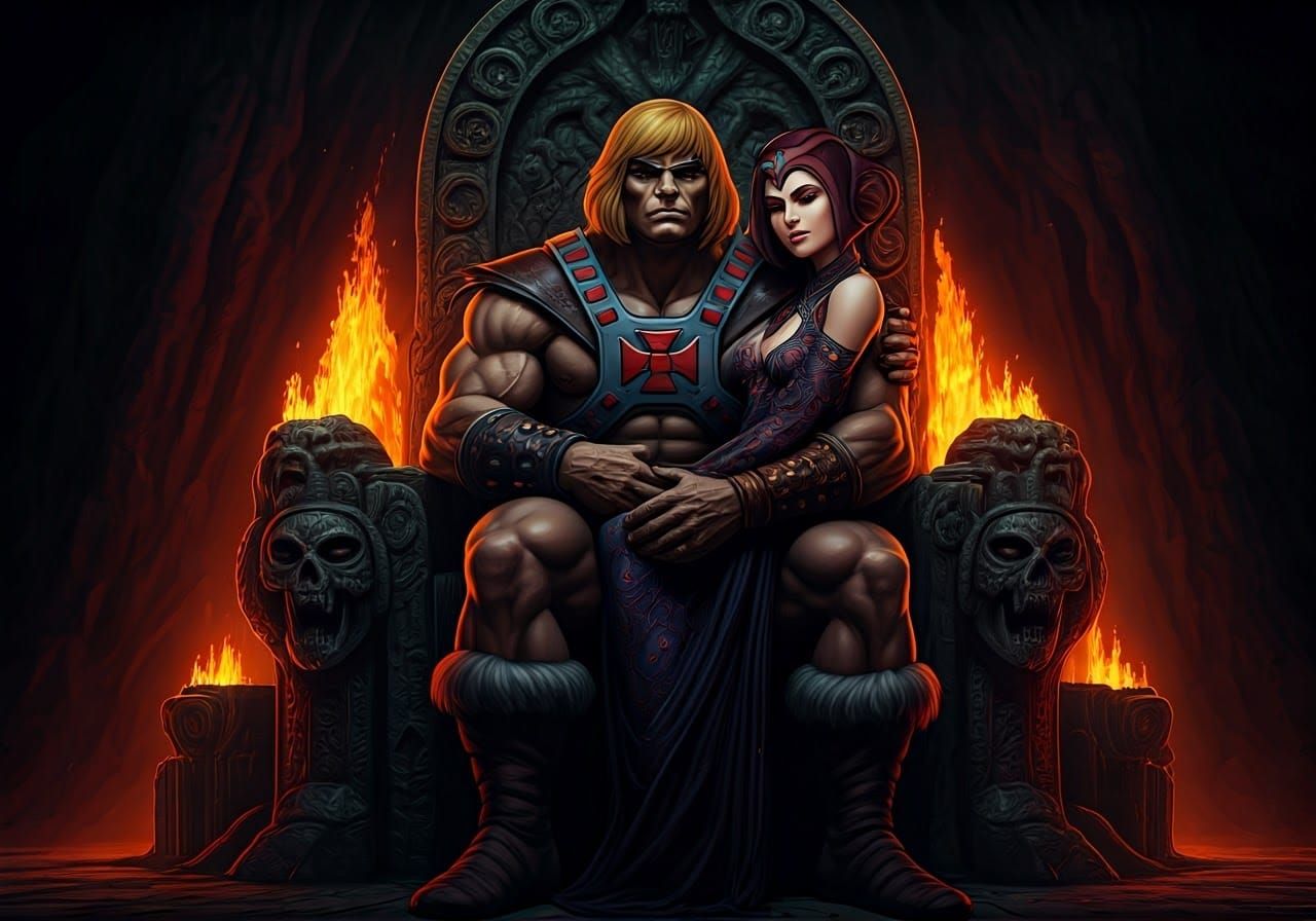 He-Man and Teela on Grayskull Throne in Art Nouveau Style