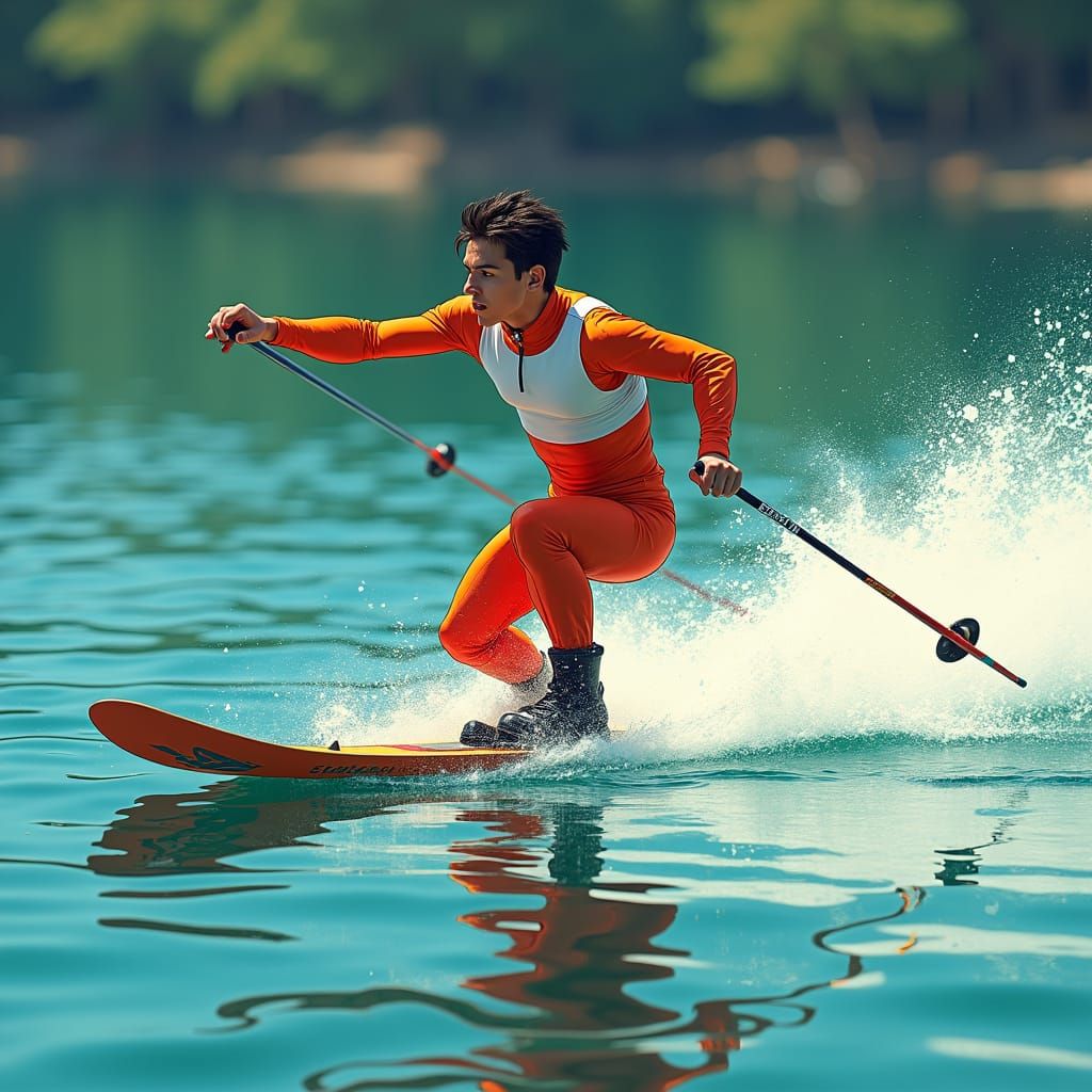 Water Skier in Manga Style on Turquoise Lake
