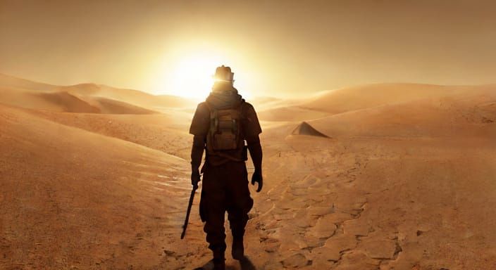 Solitary Figure Walking in a Hyper-Realistic Desert