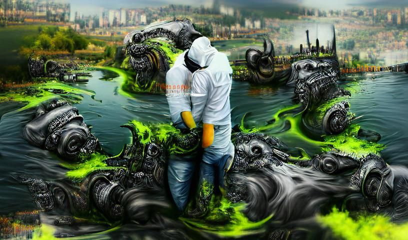 Toxic Love: Oil Pollution Monster in Hazmat Suits