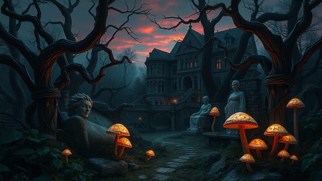 Mystical, Overgrown Garden in Deep, Foreboding Colors