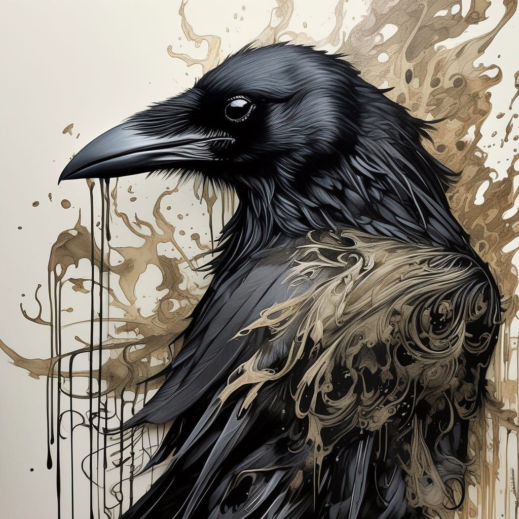 Detailed Crow Portrait in Ink, Gouache Style