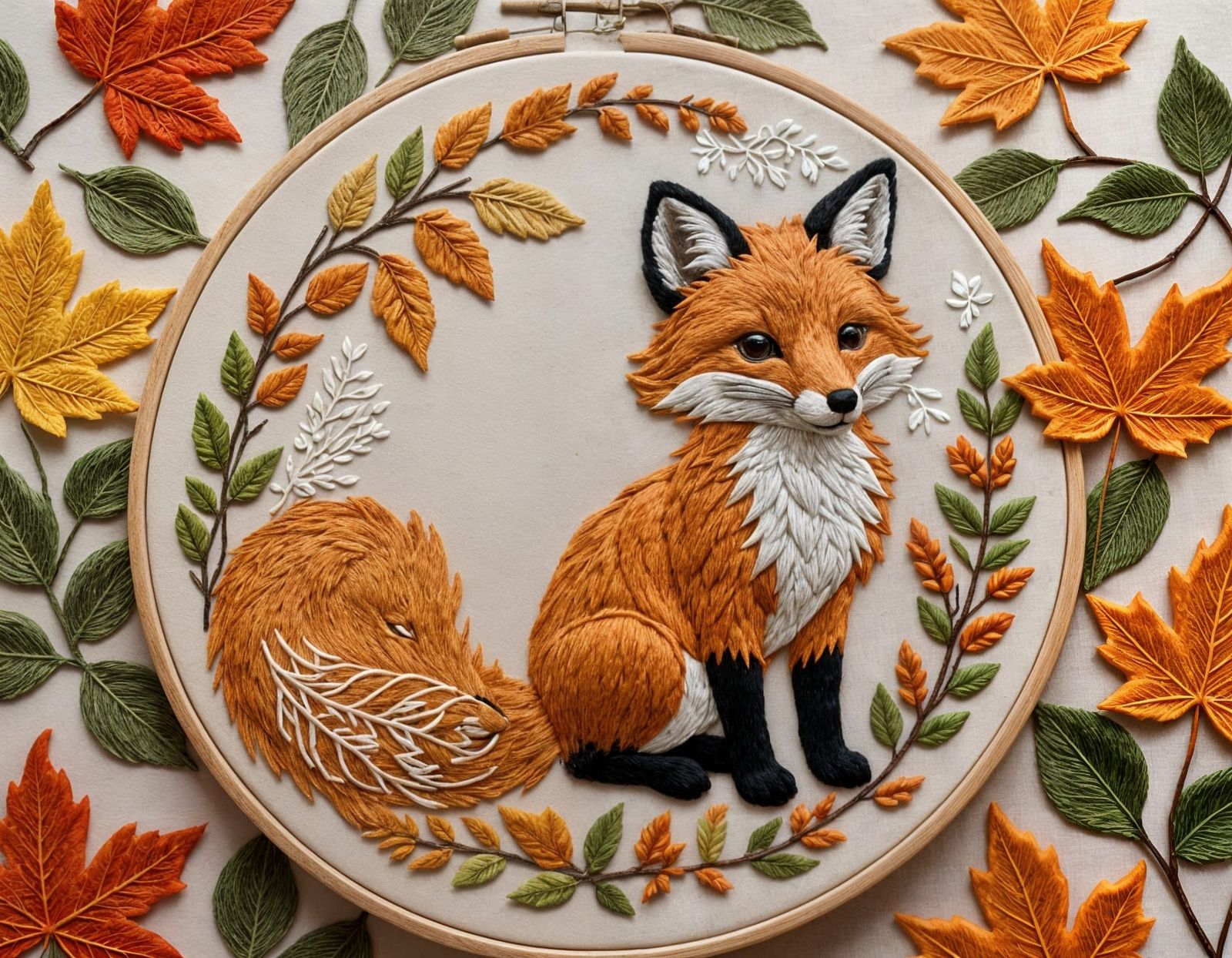 Embroidered Fox Design with Autumnal Motifs