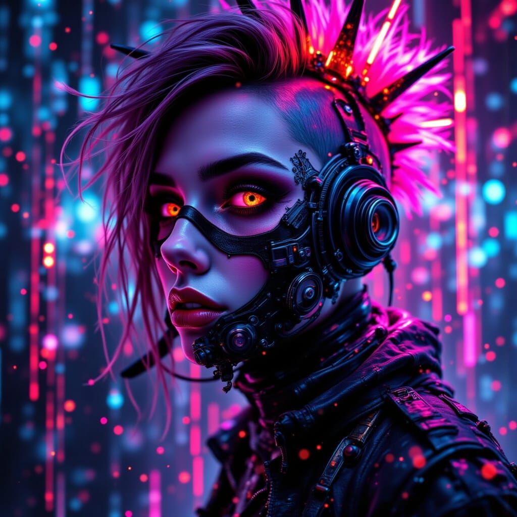 Cyberpunk Mohawk with Respiratory Gear in Glitchcore Style