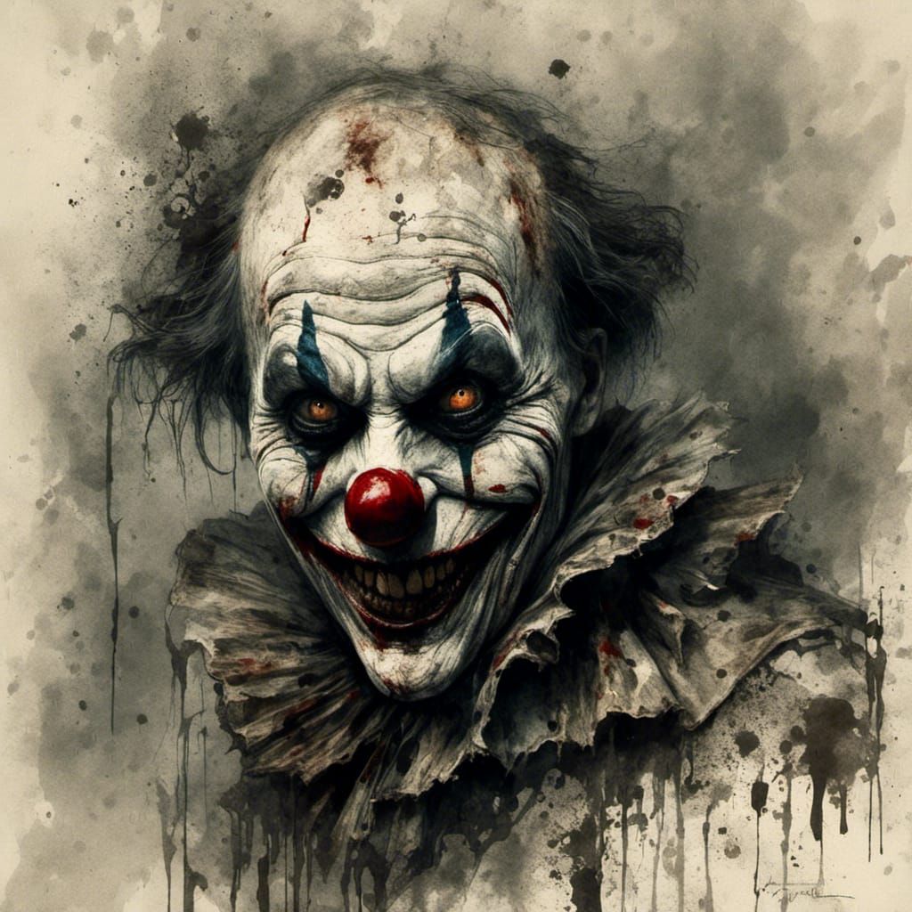 Horrific Metamorphosed Clown in Ink Splash Style
