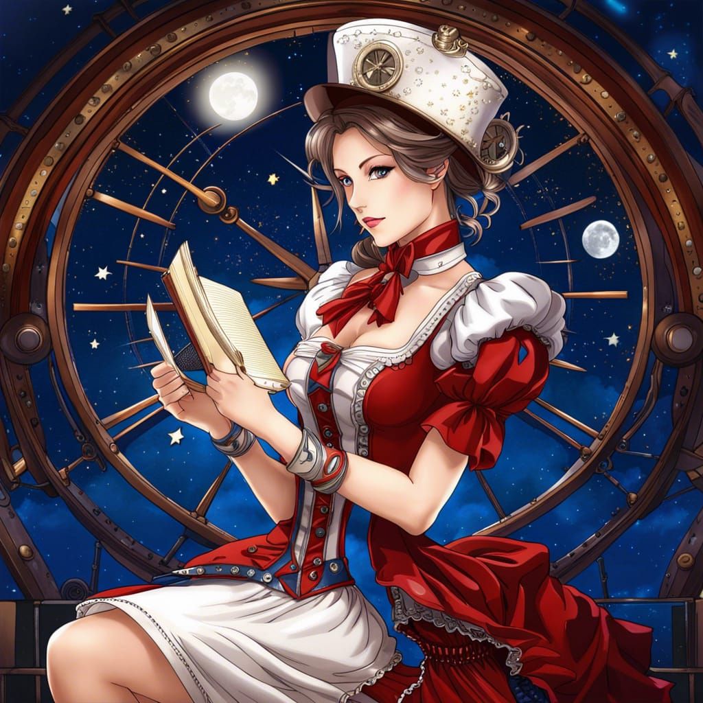 Steampunk Anime Woman in Library Scene