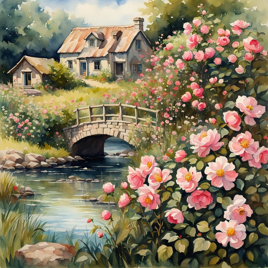 Watercolor Landscape with Wild Roses in Anime Style