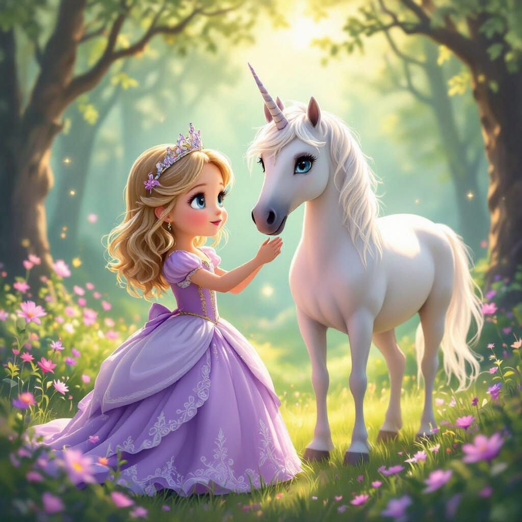 Princess and Unicorn in Enchanted Forest Storybook Style