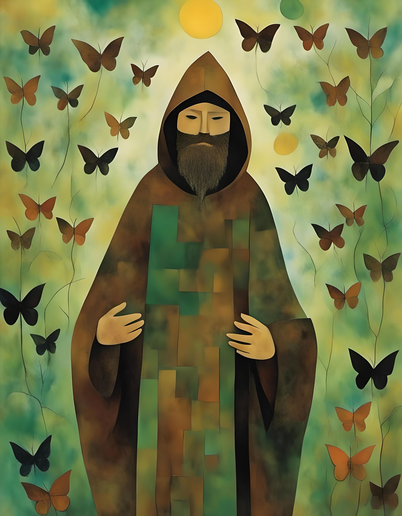 Pagan Man Summons Rain in Watercolor Garden