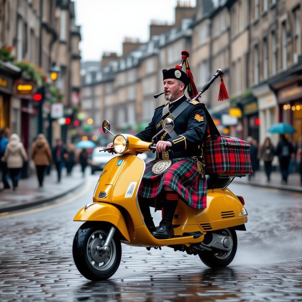 Bagpiper on Scooter in Rainy Edinburgh, Professional Photogr...