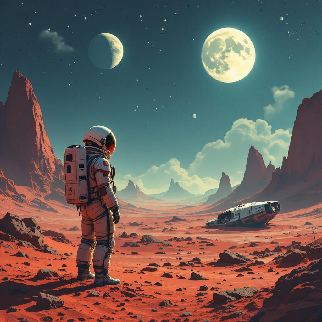 Astronaut on Alien Planet Under Two Moons