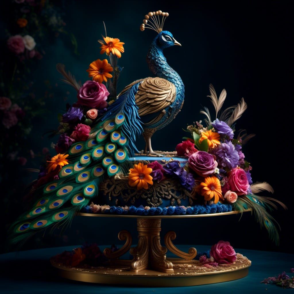 Hyperrealistic Peacock and Flower Cake Decoration