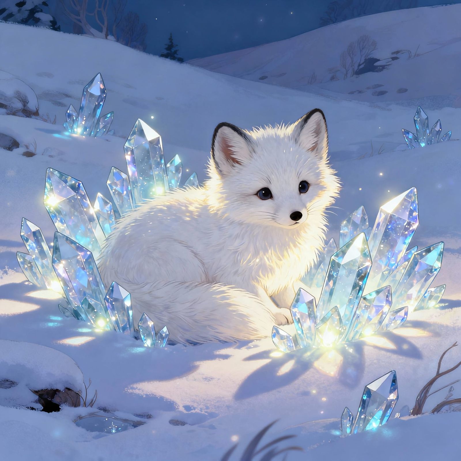 Adorable Arctic Fox Cub Among Glowing Crystals