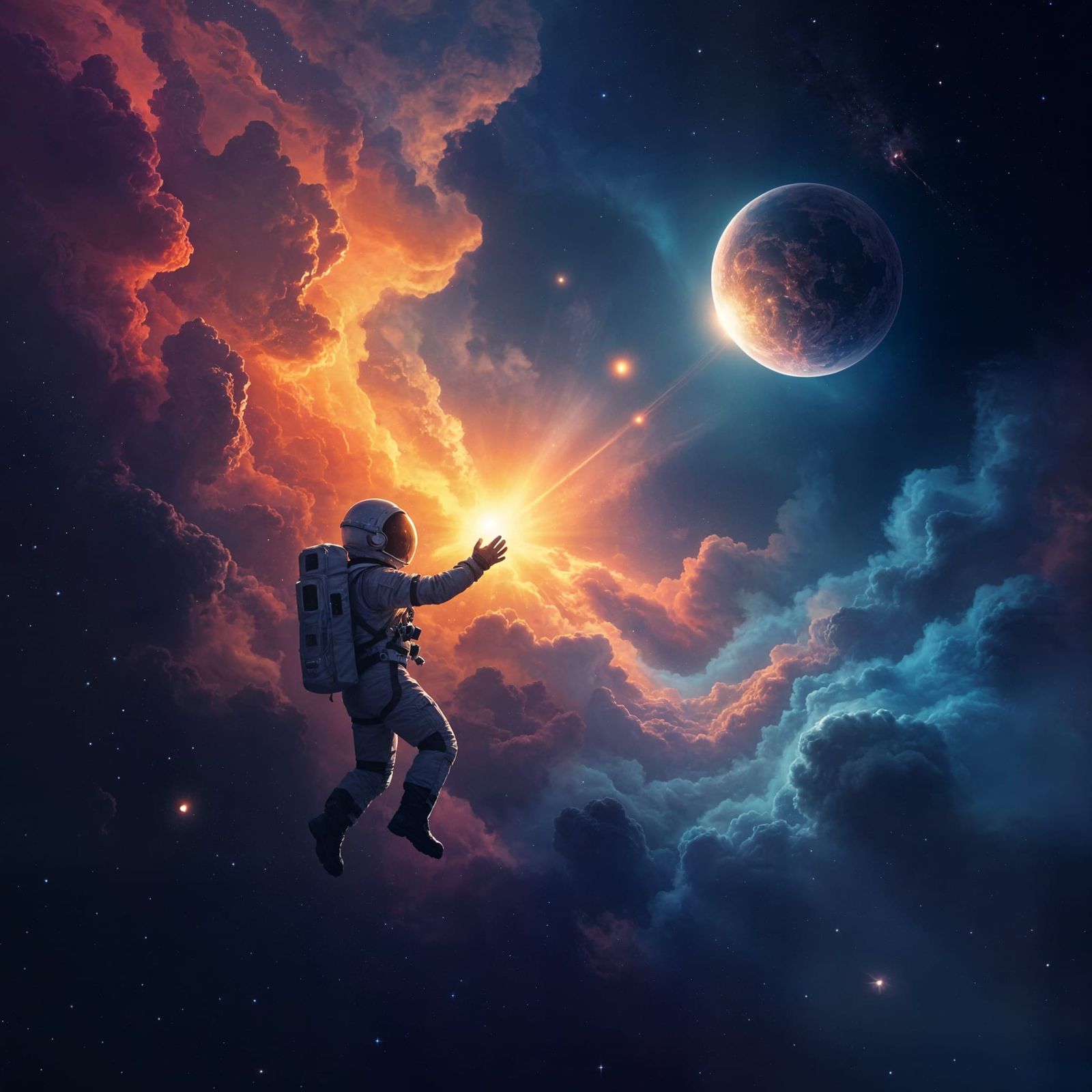Astronaut Reaching for Planet in Cosmic Dust Nebula