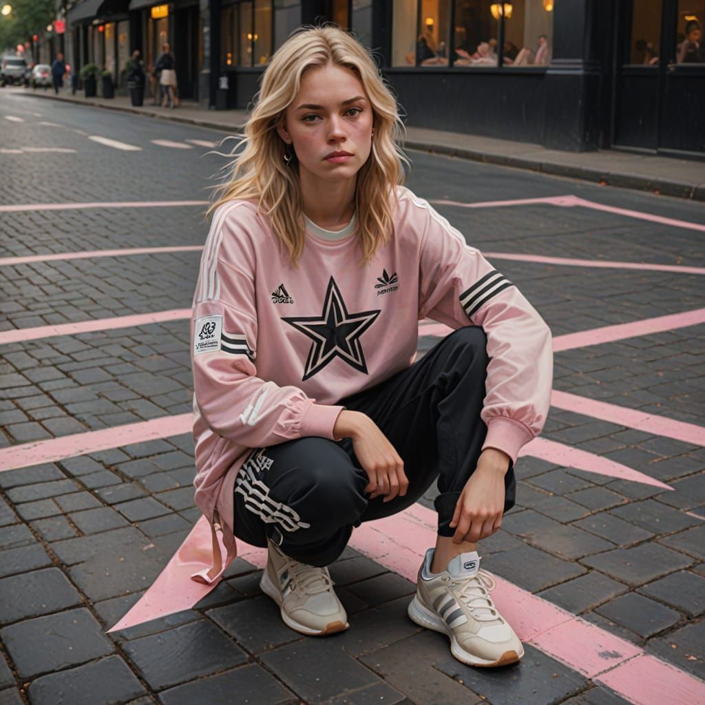 Young Woman Contemplating a Light-Pink Pentagram in Soft Foc...