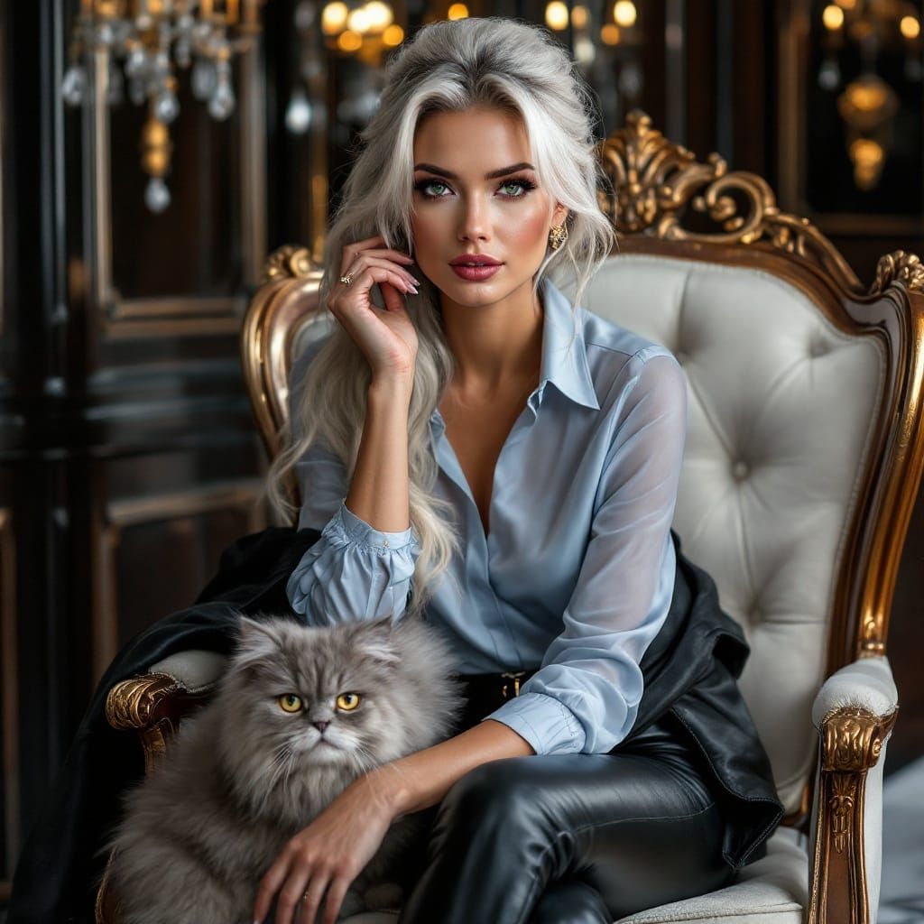 Elegant Woman in Velvet Armchair, with Maine Coon Cat