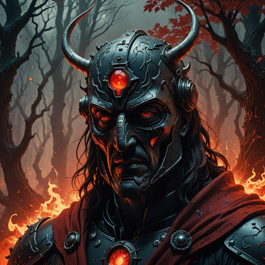 legendry warrior Details: hatred, anger,red aura glowing black, red astronaut, magic, devil, red trees.