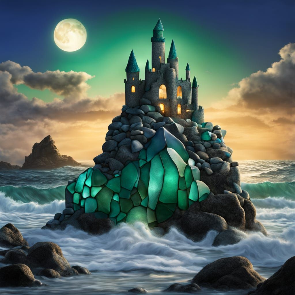 Emerald Sapphire Glass Castle on Rocky Coast Under Moonlight
